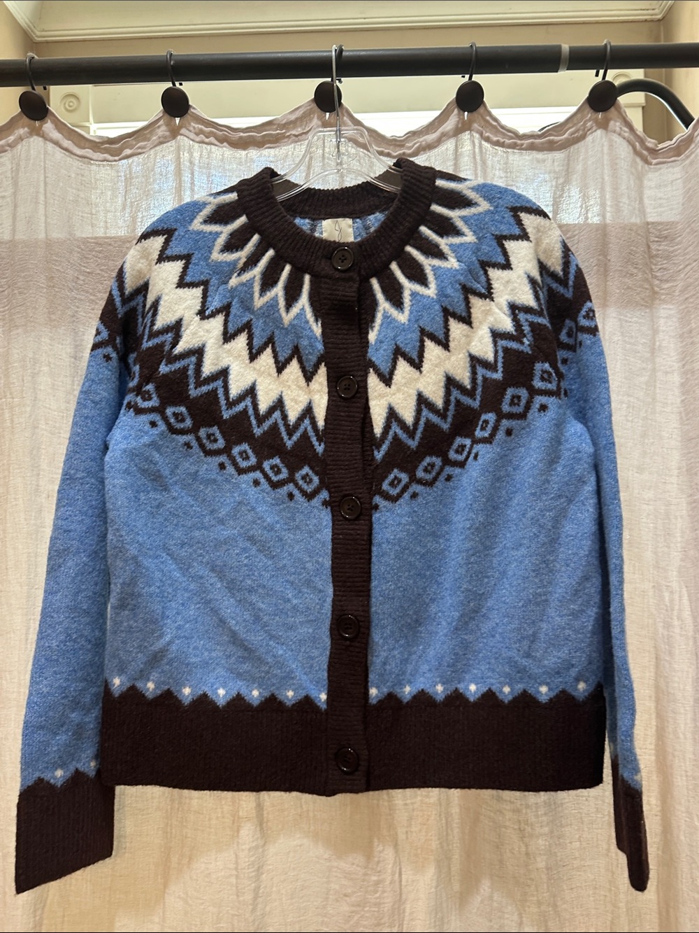 Joie Blue, Brown and White Geometric Yoke Cardigan